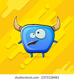 Vector cartoon funky blue monster with horn isolated on yellow background. Smiling silly blue  monster print sticker design template. Ghost, troll, gremlin, goblin, devil and monster