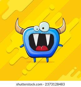 Vector cartoon funky blue monster with horn isolated on yellow background. Smiling silly blue  monster print sticker design template. Ghost, troll, gremlin, goblin, devil and monster