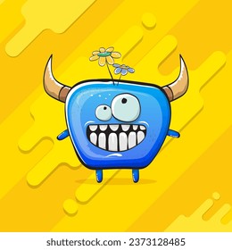 Vector cartoon funky blue monster with horn isolated on yellow background. Smiling silly blue  monster print sticker design template. Ghost, troll, gremlin, goblin, devil and monster