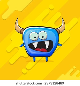 Vector cartoon funky blue monster with horn isolated on yellow background. Smiling silly blue  monster print sticker design template. Ghost, troll, gremlin, goblin, devil and monster