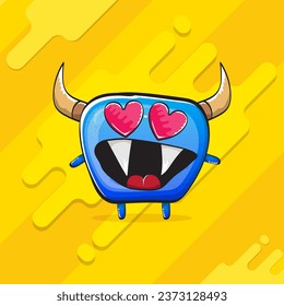 Vector cartoon funky blue monster with horn isolated on yellow background. Smiling silly blue  monster print sticker design template. Ghost, troll, gremlin, goblin, devil and monster