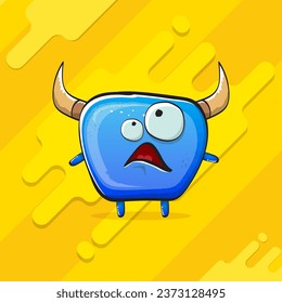 Vector cartoon funky blue monster with horn isolated on yellow background. Smiling silly blue  monster print sticker design template. Ghost, troll, gremlin, goblin, devil and monster