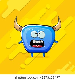 Vector cartoon funky blue monster with horn isolated on yellow background. Smiling silly blue  monster print sticker design template. Ghost, troll, gremlin, goblin, devil and monster