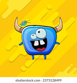 Vector cartoon funky blue monster with horn isolated on yellow background. Smiling silly blue  monster print sticker design template. Ghost, troll, gremlin, goblin, devil and monster