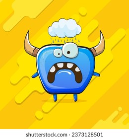 Vector cartoon funky blue monster with horn isolated on yellow background. Smiling silly blue  monster print sticker design template. Ghost, troll, gremlin, goblin, devil and monster