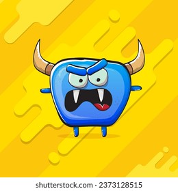 Vector cartoon funky blue monster with horn isolated on yellow background. Smiling silly blue  monster print sticker design template. Ghost, troll, gremlin, goblin, devil and monster