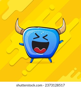 Vector cartoon funky blue monster with horn isolated on yellow background. Smiling silly blue  monster print sticker design template. Ghost, troll, gremlin, goblin, devil and monster