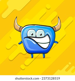 Vector cartoon funky blue monster with horn isolated on yellow background. Smiling silly blue  monster print sticker design template. Ghost, troll, gremlin, goblin, devil and monster