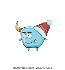 Monstruo azul funky de la historieta del Vector con el sombrero rojo de Santa Claus aislado en el fondo blanco. Tarjeta de felicitación divertida y linda de las Navidades de los niños alegres con el personaje divertido del elfo monstruo de Santa Claus.