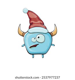 Monstruo azul funky de la historieta del Vector con el sombrero rojo de Santa Claus aislado en el fondo blanco. Tarjeta de felicitación divertida y linda de las Navidades de los niños alegres con el personaje divertido del elfo monstruo de Santa Claus.