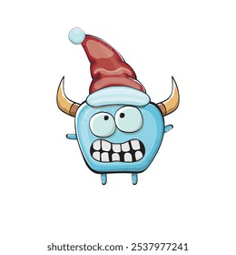 Monstruo azul funky de la historieta del Vector con el sombrero rojo de Santa Claus aislado en el fondo blanco. Tarjeta de felicitación divertida y linda de las Navidades de los niños alegres con el personaje divertido del elfo monstruo de Santa Claus.