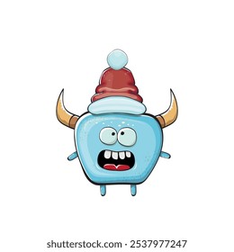 Monstruo azul funky de la historieta del Vector con el sombrero rojo de Santa Claus aislado en el fondo blanco. Tarjeta de felicitación divertida y linda de las Navidades de los niños alegres con el personaje divertido del elfo monstruo de Santa Claus.