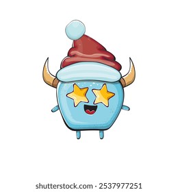 Monstruo azul funky de la historieta del Vector con el sombrero rojo de Santa Claus aislado en el fondo blanco. Tarjeta de felicitación divertida y linda de las Navidades de los niños alegres con el personaje divertido del elfo monstruo de Santa Claus.