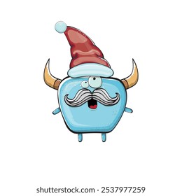 Monstruo azul funky de la historieta del Vector con el sombrero rojo de Santa Claus aislado en el fondo blanco. Tarjeta de felicitación divertida y linda de las Navidades de los niños alegres con el personaje divertido del elfo monstruo de Santa Claus.