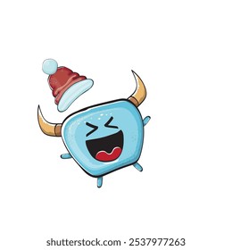 Monstruo azul funky de la historieta del Vector con el sombrero rojo de Santa Claus aislado en el fondo blanco. Tarjeta de felicitación divertida y linda de las Navidades de los niños alegres con el personaje divertido del elfo monstruo de Santa Claus.