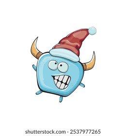 Monstruo azul funky de la historieta del Vector con el sombrero rojo de Santa Claus aislado en el fondo blanco. Tarjeta de felicitación divertida y linda de las Navidades de los niños alegres con el personaje divertido del elfo monstruo de Santa Claus.