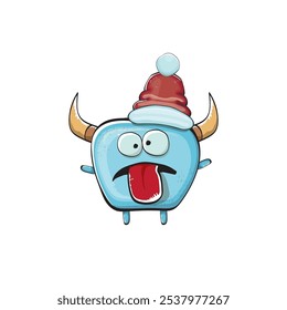 Vector cartoon funky blue monster with Santa Claus red hat isolated on white background. Funny and cute Childrens Merry Christmas greeting card with funny monster elf Santa Claus character.