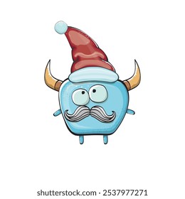 Monstruo azul funky de la historieta del Vector con el sombrero rojo de Santa Claus aislado en el fondo blanco. Tarjeta de felicitación divertida y linda de las Navidades de los niños alegres con el personaje divertido del elfo monstruo de Santa Claus.