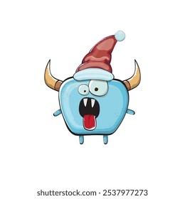 Monstruo azul funky de la historieta del Vector con el sombrero rojo de Santa Claus aislado en el fondo blanco. Tarjeta de felicitación divertida y linda de las Navidades de los niños alegres con el personaje divertido del elfo monstruo de Santa Claus.