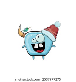 Monstruo azul funky de la historieta del Vector con el sombrero rojo de Santa Claus aislado en el fondo blanco. Tarjeta de felicitación divertida y linda de las Navidades de los niños alegres con el personaje divertido del elfo monstruo de Santa Claus.