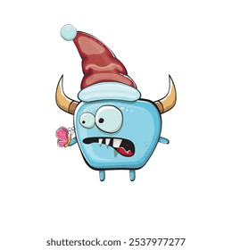 Monstruo azul funky de la historieta del Vector con el sombrero rojo de Santa Claus aislado en el fondo blanco. Tarjeta de felicitación divertida y linda de las Navidades de los niños alegres con el personaje divertido del elfo monstruo de Santa Claus.