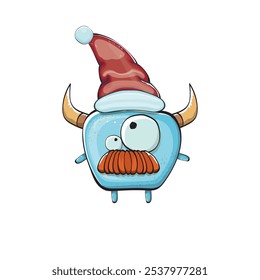 Monstruo azul funky de la historieta del Vector con el sombrero rojo de Santa Claus aislado en el fondo blanco. Tarjeta de felicitación divertida y linda de las Navidades de los niños alegres con el personaje divertido del elfo monstruo de Santa Claus.