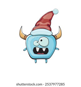 Monstruo azul funky de la historieta del Vector con el sombrero rojo de Santa Claus aislado en el fondo blanco. Tarjeta de felicitación divertida y linda de las Navidades de los niños alegres con el personaje divertido del elfo monstruo de Santa Claus.