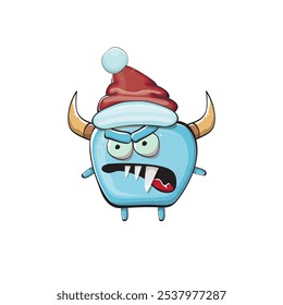 Monstruo azul funky de la historieta del Vector con el sombrero rojo de Santa Claus aislado en el fondo blanco. Tarjeta de felicitación divertida y linda de las Navidades de los niños alegres con el personaje divertido del elfo monstruo de Santa Claus.