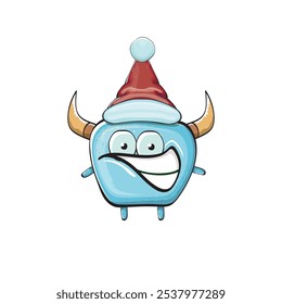 Monstruo azul funky de la historieta del Vector con el sombrero rojo de Santa Claus aislado en el fondo blanco. Tarjeta de felicitación divertida y linda de las Navidades de los niños alegres con el personaje divertido del elfo monstruo de Santa Claus.