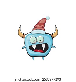 Monstruo azul funky de la historieta del Vector con el sombrero rojo de Santa Claus aislado en el fondo blanco. Tarjeta de felicitación divertida y linda de las Navidades de los niños alegres con el personaje divertido del elfo monstruo de Santa Claus.