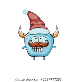 Monstruo azul funky de la historieta del Vector con el sombrero rojo de Santa Claus aislado en el fondo blanco. Tarjeta de felicitación divertida y linda de las Navidades de los niños alegres con el personaje divertido del elfo monstruo de Santa Claus.