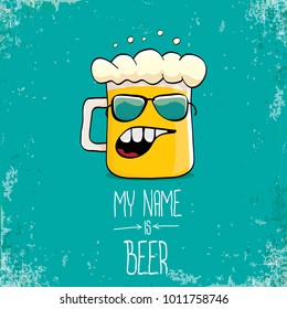 vector cartoon funky fresh beer glass character isolated on grunge azure background.vector beer comic label or poster design template. my name is beer or happy friday concept illustration
