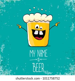 vector cartoon funky fresh beer glass character isolated on grunge azure background.vector beer comic label or poster design template. my name is beer or happy friday concept illustration