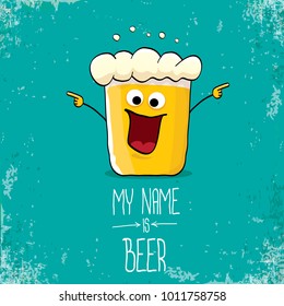 vector cartoon funky fresh beer glass character isolated on grunge azure background.vector beer comic label or poster design template. my name is beer or happy friday concept illustration