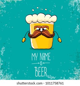 vector cartoon funky fresh beer glass character isolated on grunge azure background.vector beer comic label or poster design template. my name is beer or happy friday concept illustration