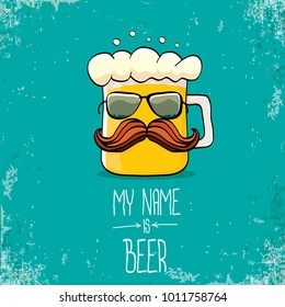 vector cartoon funky fresh beer glass character isolated on grunge azure background.vector beer comic label or poster design template. my name is beer or happy friday concept illustration