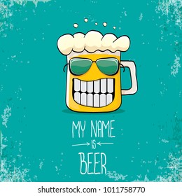 vector cartoon funky fresh beer glass character isolated on grunge azure background.vector beer comic label or poster design template. my name is beer or happy friday concept illustration