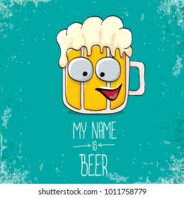 vector cartoon funky fresh beer glass character isolated on grunge azure background.vector beer comic label or poster design template. my name is beer or happy friday concept illustration