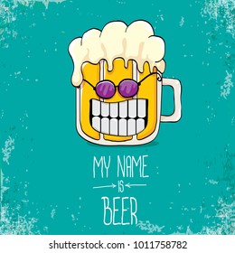 vector cartoon funky fresh beer glass character isolated on grunge azure background.vector beer comic label or poster design template. my name is beer or happy friday concept illustration