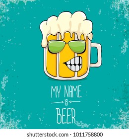 vector cartoon funky fresh beer glass character isolated on grunge azure background.vector beer comic label or poster design template. my name is beer or happy friday concept illustration