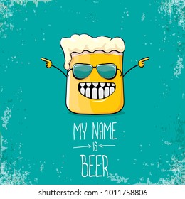 vector cartoon funky fresh beer glass character isolated on grunge azure background.vector beer comic label or poster design template. my name is beer or happy friday concept illustration