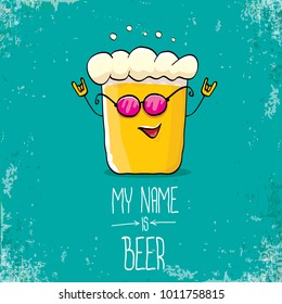 vector cartoon funky fresh beer glass character isolated on grunge azure background.vector beer comic label or poster design template. my name is beer or happy friday concept illustration