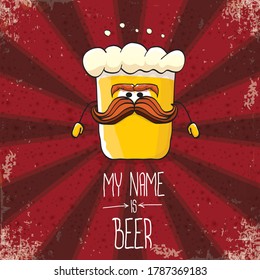 vector cartoon funky fresh beer glass character isolated on red grunge background with rays.vector beer comic label or poster design template. my name is beer or happy friday concept illustration
