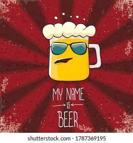 vector cartoon funky fresh beer glass character isolated on red grunge background with rays.vector beer comic label or poster design template. my name is beer or happy friday concept illustration