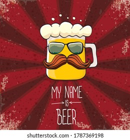 vector cartoon funky fresh beer glass character isolated on red grunge background with rays.vector beer comic label or poster design template. my name is beer or happy friday concept illustration