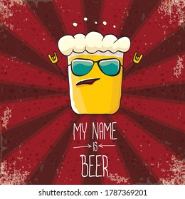vector cartoon funky fresh beer glass character isolated on red grunge background with rays.vector beer comic label or poster design template. my name is beer or happy friday concept illustration
