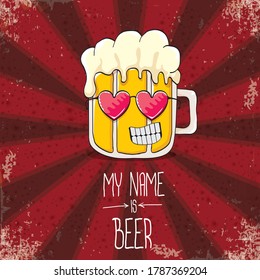 vector cartoon funky fresh beer glass character isolated on red grunge background with rays.vector beer comic label or poster design template. my name is beer or happy friday concept illustration