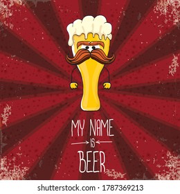 vector cartoon funky fresh beer glass character isolated on red grunge background with rays.vector beer comic label or poster design template. my name is beer or happy friday concept illustration
