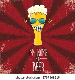vector cartoon funky fresh beer glass character isolated on red grunge background with rays.vector beer comic label or poster design template. my name is beer or happy friday concept illustration