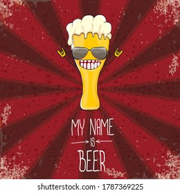 vector cartoon funky fresh beer glass character isolated on red grunge background with rays.vector beer comic label or poster design template. my name is beer or happy friday concept illustration